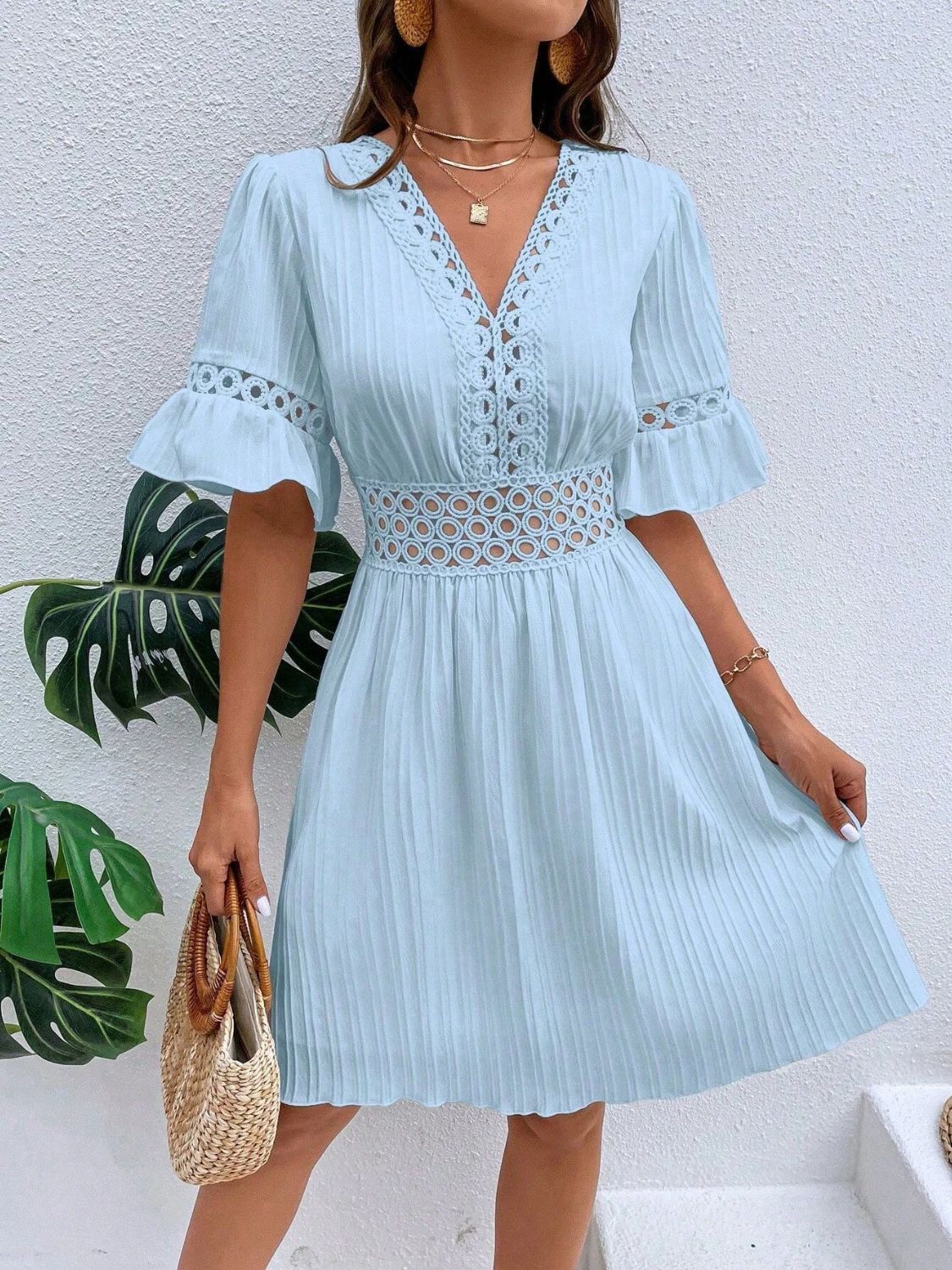 Cutout V-Neck Flounce Sleeve Mini Dress